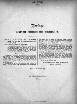 Anlage: ad No.61. (859.), Vorlagen, welche den Zeitungen nicht mitgeteilt sind