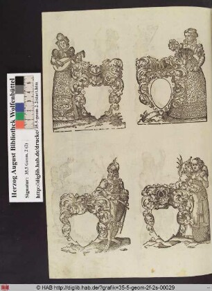 Oben links: Laute spielende Frau neben einem leeren Wappenschild.