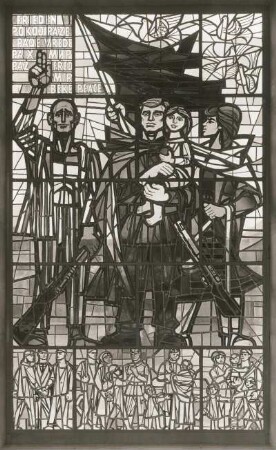 Tritychon des antifaschistischen Widerstandes : Tritychon des antifaschistischen Widerstandes. Glasmalerei; 3,65 x 1,65 m (vor 1962; W. Womacka). Mittelteil "Frieden". Oranienburg, Nationale Mahn- und Gedenkstätte Sachsenhausen