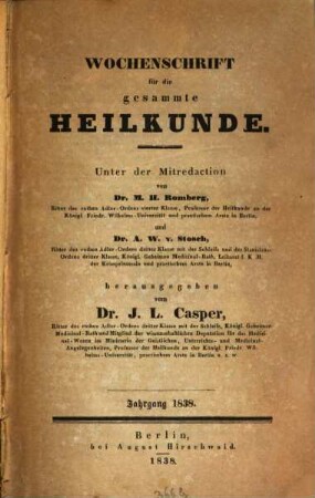 Wochenschrift für die gesammte Heilkunde. 1838, 1838