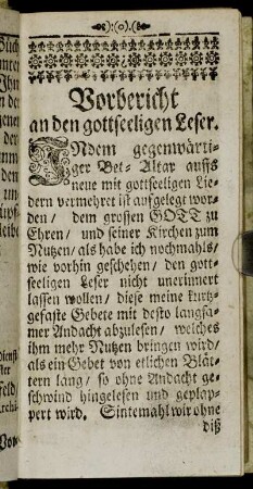 Vorbericht an den gottseeligen Leser.