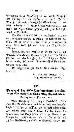 135. Protocoll der 29sten Versammlung der Section für vaterstädtische Angelegenheiten.