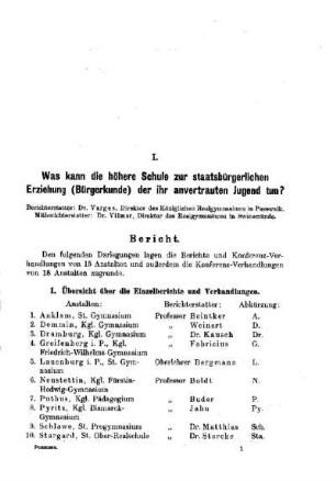 Was kann die höhere Schule zur staatsbürgerlichen Erziehung (Bürgerkunde) der ihr anvertrauten Jugend tun? : [Bericht]