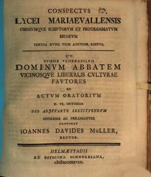 Conspectus lycei Mariaevallensis omniumque scriptorum et programmatum meorum