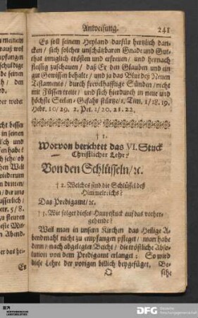 Worvon berichtet das VI. Stuck Christlicher Lehr? Von den Schlüsseln, etc.