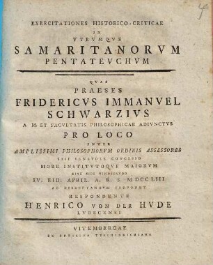 Exercitationes Historico-Criticae In Vtrvmqve Samaritanorvm Pentatevchvm