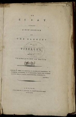 An Essay toward a new Edition of the Elegies of Tibullus