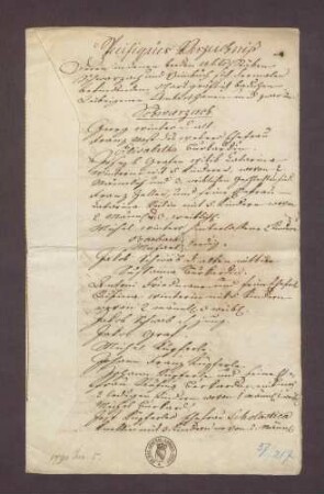 Verzeichnis der in den beiden Abtsstäben Schwarzach und Vimbuch sich dermalen befindenen markgräflich-badischen leibeigenen Untertanen, welche bei Gelegenheit der Abtshuldigung am 22. Juni dem Abt von Schwarzach zu übergeben sind