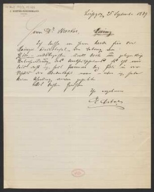 Brief an Ludwig Strecker , Mainzer Liedertafel und Damengesangverein und B. Schott's Söhne : 25.09.1889