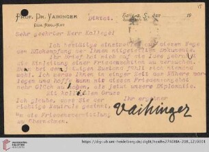 Brief von Hans Vaihinger an Heinrich Rickert