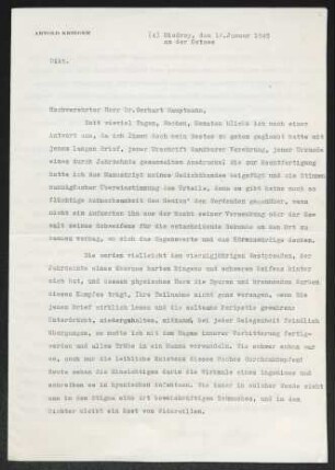 Brief von Arnold Krieger an Gerhart Hauptmann