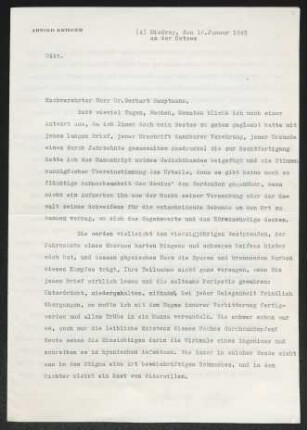 Brief von Arnold Krieger an Gerhart Hauptmann
