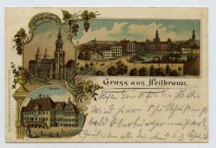 Mehrbildkarte, 3 Motive: Neckarbrücke mit Postamt 1, Kilianskirche, Rathaus