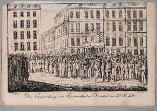 Bürgerunruhen in Dresden 1830: Menschenmenge vor dem Rathaus auf dem Altmarkt in Dresden während der Dankfeier am 31. Oktober 1830 anlässlich der Wiederherstellung der Ruhe und der Einführung der Kommunalrepräsentanten