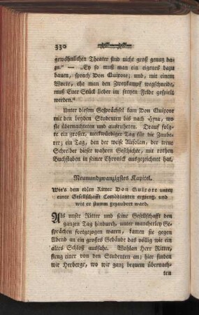 Neunundzwanzigstes Kapitel. Wie's dem edlen Ritter Don Quixote unter einer Gesellschaft Comödianten ergieng, und wie er stumm gezaubert ward