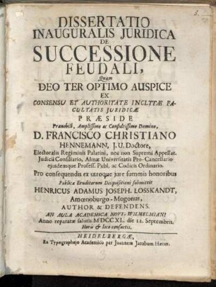 Dissertatio Inauguralis Juridica De Successione Feudali