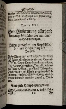Caput XXI. Von Zubereitung allerhand Artzeney-Mitteln/ vor mancherley Beschwerungen.