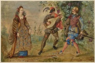 Maskierter Musikant zwischen tanzendem Paar