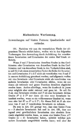 Siebzehnte Vorlesung. Anwendungen auf binäre Formen: Quadratische und cubische.
