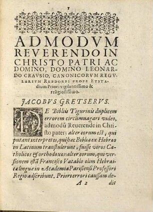 Admonitionis De Bibliis Tigvrinis Ad Exteros Defensio : Contra Tigvrinvm quendam Sacramentarium