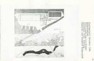 Ruderstadion, Berlin-Zehlendorf (Diplomarbeit bei Peter Poelzig): Lageplan 1:4000 und Grundriss Erdgeschoss + 0.30, 1:200