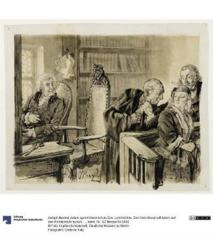 Adam spricht heimlich zu Eve. Licht hört zu. Der Gerichtsrat ruft Adam auf den Richterstuhl zurück. zu Heinrich von Kleist, Der zerbrochene Krug
