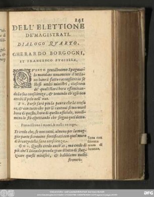 Dell'Elettione De' Magistrati. Dialogo Quarto. Gherardo Borgogni, Et Francesco Pugiella.