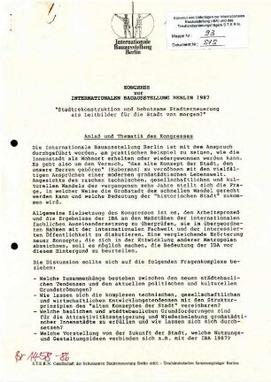 Konzeption: IBA-Kongress "Stadtrekonstruktion und behutsame Stadterneuerung als Leitbilder für die Stadt von morgen?"