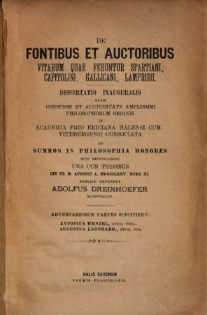 De fontibus et auctoribus vitarum quae feruntur Spartiani, Capitolini, Gallicani, Lampridii