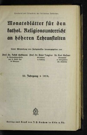 20: Monatsblätter für den katholischen Religionsunterricht an höheren Lehranstalten - 20. 1919