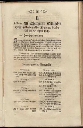 E Actum auf Churfürstl. Cöllnischer Stifft Hildesheimischer Regierung Sabbathi den 6ten April 1748.