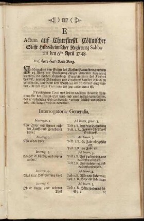E Actum auf Churfürstl. Cöllnischer Stifft Hildesheimischer Regierung Sabbathi den 6ten April 1748.