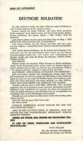 Sowjetisches Abwurf-Flugblatt mit dem Aufruf eines deutschen Teilnehmers am 1. Weltkrieg zur Beendigung des 2. Weltkrieges