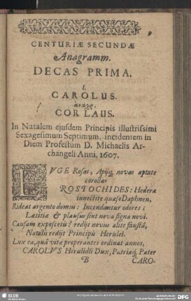 Centuriae Secundae Anagramm. Decas Prima