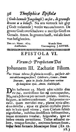 Epistola VI. ad Virum & Prophetam Dei Johannem III. Zachariæ Filium