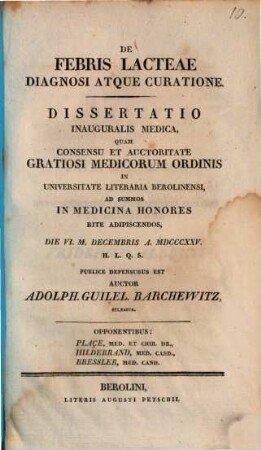 De febris lacteae diagnosi atque curatione : dissertatio inauguralis medica