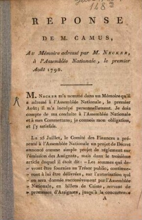 Réponse de M. Camus au mémoire adressé par M. Necker à l'Assemblée nationale, le premier août 1790