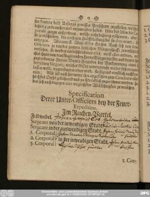 Specification Derer Unter-Officiers bey der Feuer-Expedition.