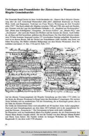 Unterlagen zum Frauenkloster der Zisterzienser in Wonnental im Riegeler Gemeindearchiv