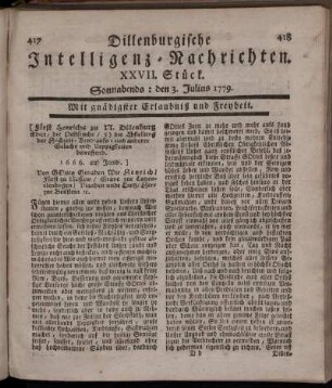 XXVII. Stück. Sonnabends: den 3. Julius 1779.