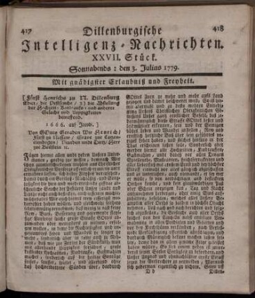 XXVII. Stück. Sonnabends: den 3. Julius 1779.