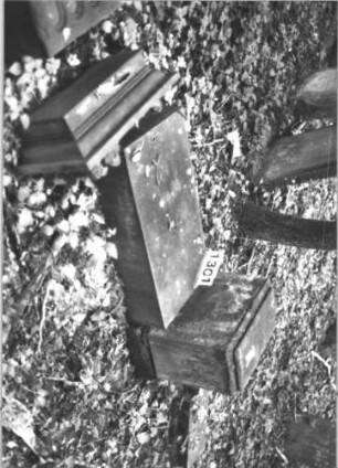 Grabstein 1301 (Index: 99900161) Material: Sandstein Zustand: liegt Maße HxBxT: 90x58x28 cm Beschreibung: aufgesockelte Stele mit mehreren Aufsätzen, umgestürzt, liegt Besonderheit: vermutete Identifizierung nach Gräberverzeichnis: Grabstein 1301
