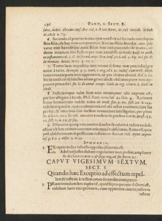 Caput Vigesimum Sextum. Sect. 8. Quando haec Exceptio ad effectum repellendi testem a testimonio ...