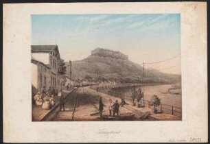 Ansicht der Festung Königstein in der Sächs. Schweiz vom Bahnhof aus, Lithographie, um 1860 : Königstein. - [S.l.] , [um 1860]. - 1 Kunstbl. : Lithogr. ; 21 x 15 cm
