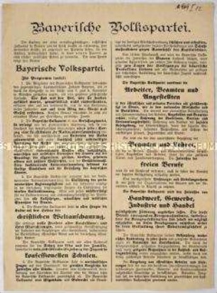 Programmatisches Flugblatt der Bayerischen Volkspartei mit Mitgliederwerbung