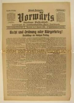Zentralorgan der SPD "Vorwärts" zur Lage in Berlin nach den Straßenkämpfen am 6. Dezember 1918
