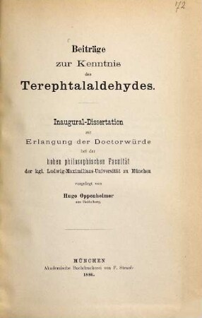 Beiträge zur Kenntnis des Terephtalaldehydes : Inaugural-Dissertation ...