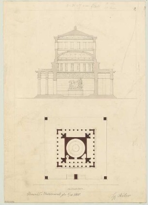Grabmal für einen Feldherrn Monatskonkurrenz September 1851: Grundriss, Schnitt; Maßstabsleiste