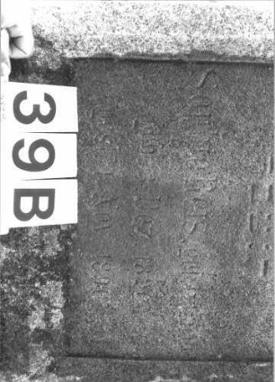 Grabstein 39 (Index: 100114468) Material: Kalkstein Zustand: verwittert mit Textverlust Maße HxBxT: 169x60x27 cm Beschreibung: Stele, Sockel, Rundbogenabschluß mit Mittelakroter auf Voluten Symbolik: Voluten, Palmette: Grabstein 39B