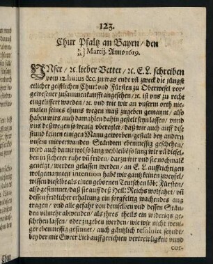 123-124, Chur Pfaltz an Bayrn den 8. Martij, 18. Martij Anno 1619